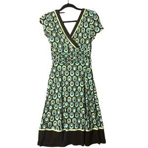 Studio I Dress Womens 8 Green Geometric Print Short Cap Sleeve Career Casual‎